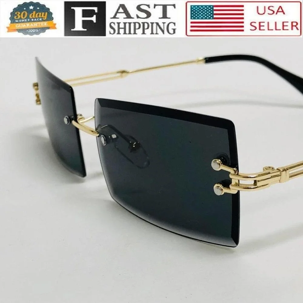 Rimless Rectangle‎ Sunglasses Men Women Fashion Trendy Shades Style Dark Black
